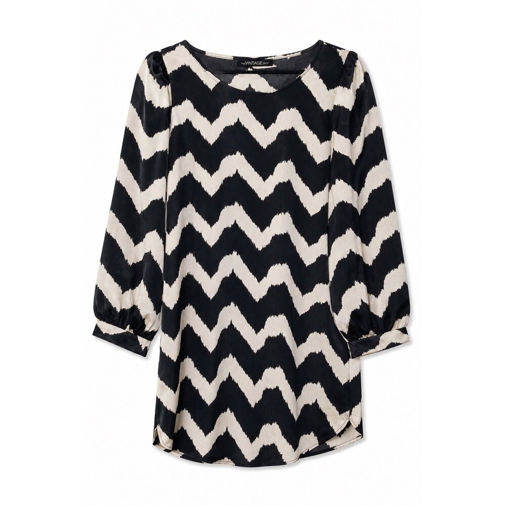 The Vintage Shop Dress Women's Medium Black Chevron Shift Long Sleeve Casual